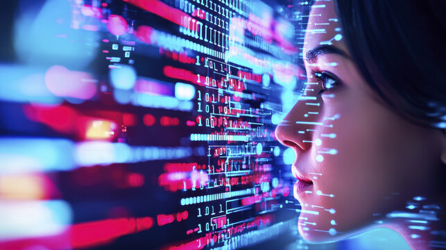 Digital face profile with binary code and data visualization