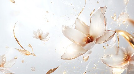 Flowers, white petals and golden accents on soft light background for design