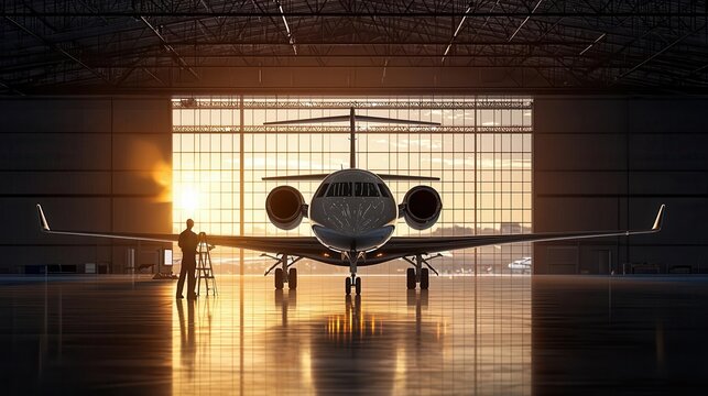 Engineers performing a comprehensive maintenance check on a private jet s electrical systems in a brightly lit hangar