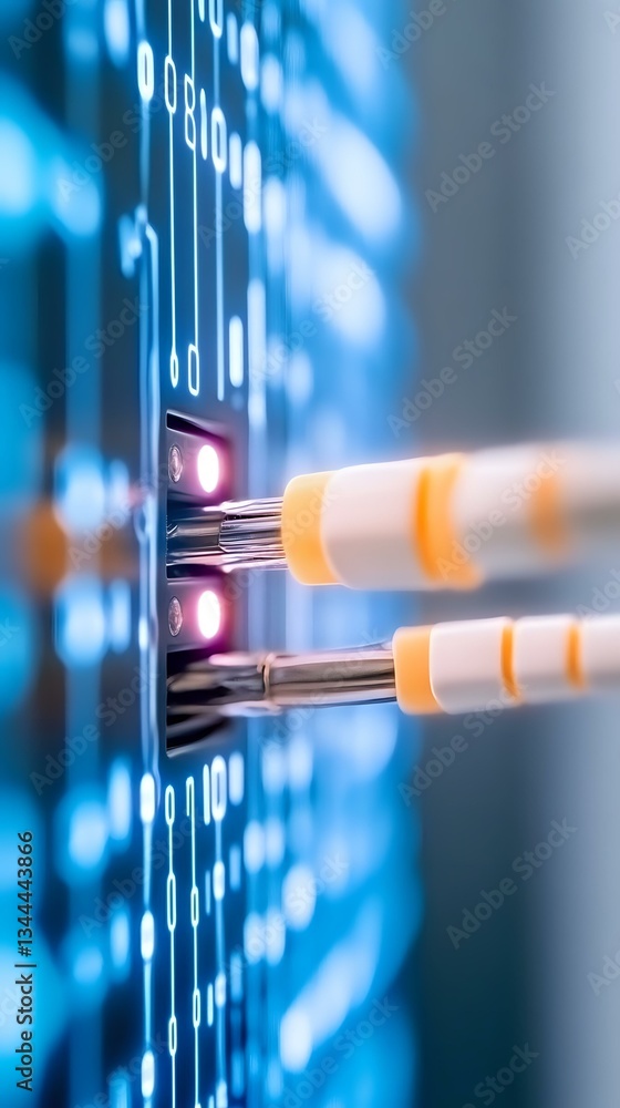 Poster network cables plugged into switch with glowing led indicators and binary code background showing da