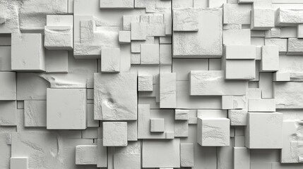 The arrangement of 3D tiles creates a polished wall, complemented by a diamond-shaped, futuristic background composed of concrete blocks in a 3D render