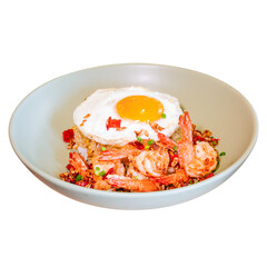 Shrimp fried rice with egg close-up food photography in a bright kitchen