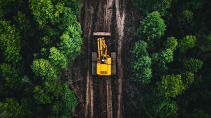 Aerial View of a Yellow Excavator Clearing a Path Through a Lush Green Forest