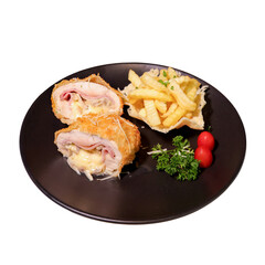 Delicious chicken schnitzel with fries restaurant food photography indoor close-up culinary delight