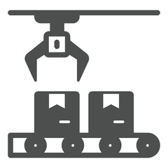 Conveyor belt, crane with boxes solid icon, delivery concept. Vector graphics. Postage parcels product box sign on white background, glyph style icon for mobile or web design.