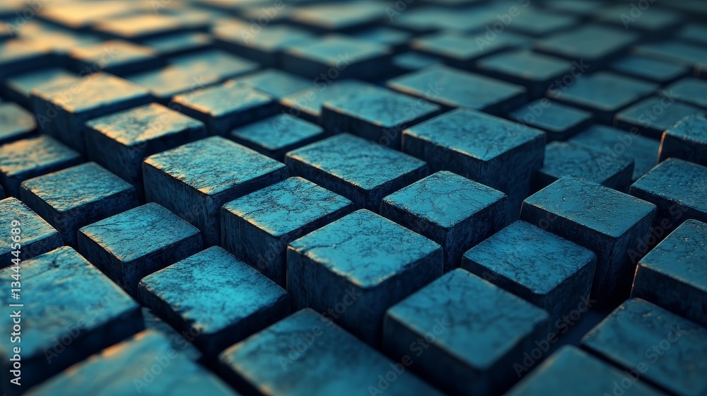 Poster the image is a 3d render of translucent blocks arranged with precision, on a blue futuristic tech th