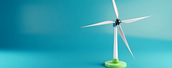 A modern wind turbine standing against a bright blue sky representing the production of clean renewable energy from wind power