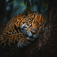 Fototapeta premium Jaguar resting in rainforest canopy