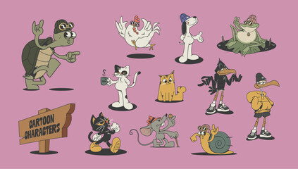 set of retro animal mascot cartoon characters, vector illustration