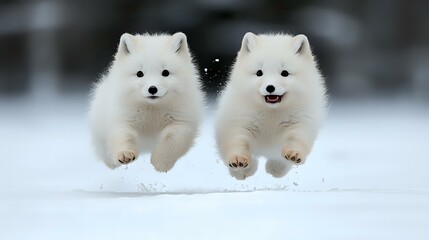 Two playful white Samoyed puppies jumping together in snow, creating synchronized motion with fluffy fur and happy expressions, winter outdoor scene.