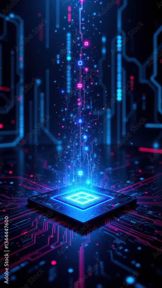 Poster cybersecurity concept with a glowing blue data center server surrounded by digital circuits and stre