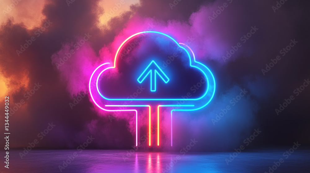 Aufkleber neon cloud icon with arrows indicating data uploads on a light background