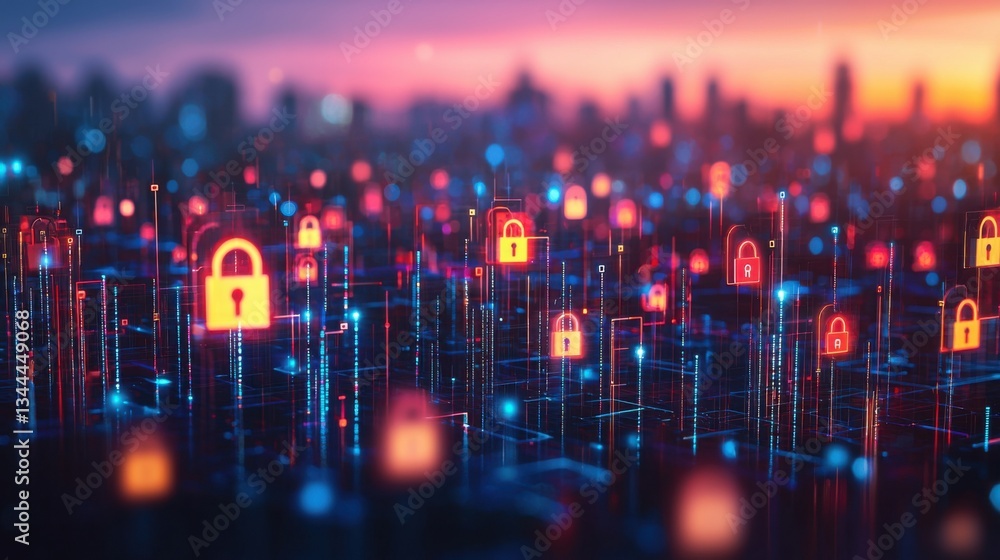 Aufkleber urban cityscape featuring red and blue lock symbolizing ai-driven post-quantum encryption in modern 