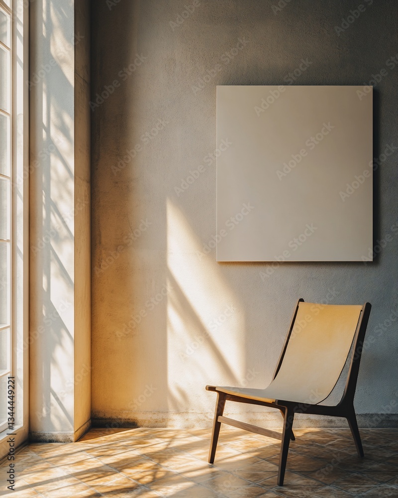 Aufkleber Sunlight streams into a minimalist room, illuminating a chair and blank canvas.