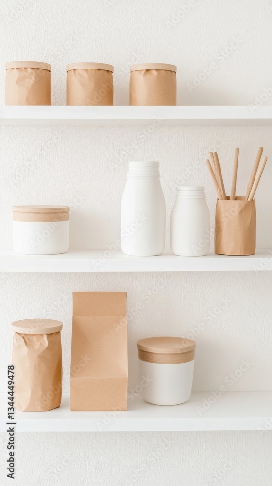 Poster minimalistic shelf display with glass and paper containers