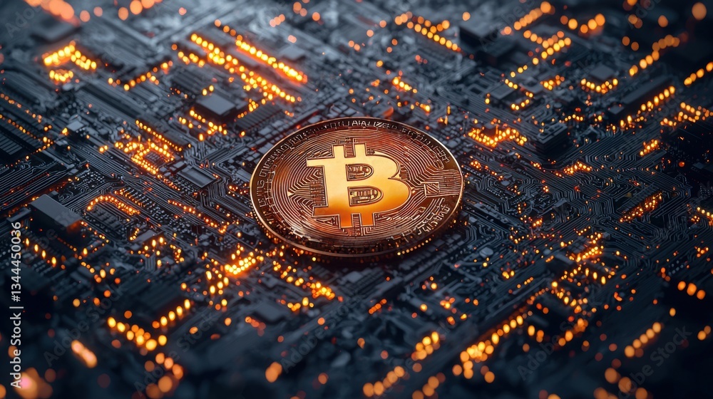 Poster bitcoin resting on circuit board symbolizing cryptocurrency and its growing influence in advanced te