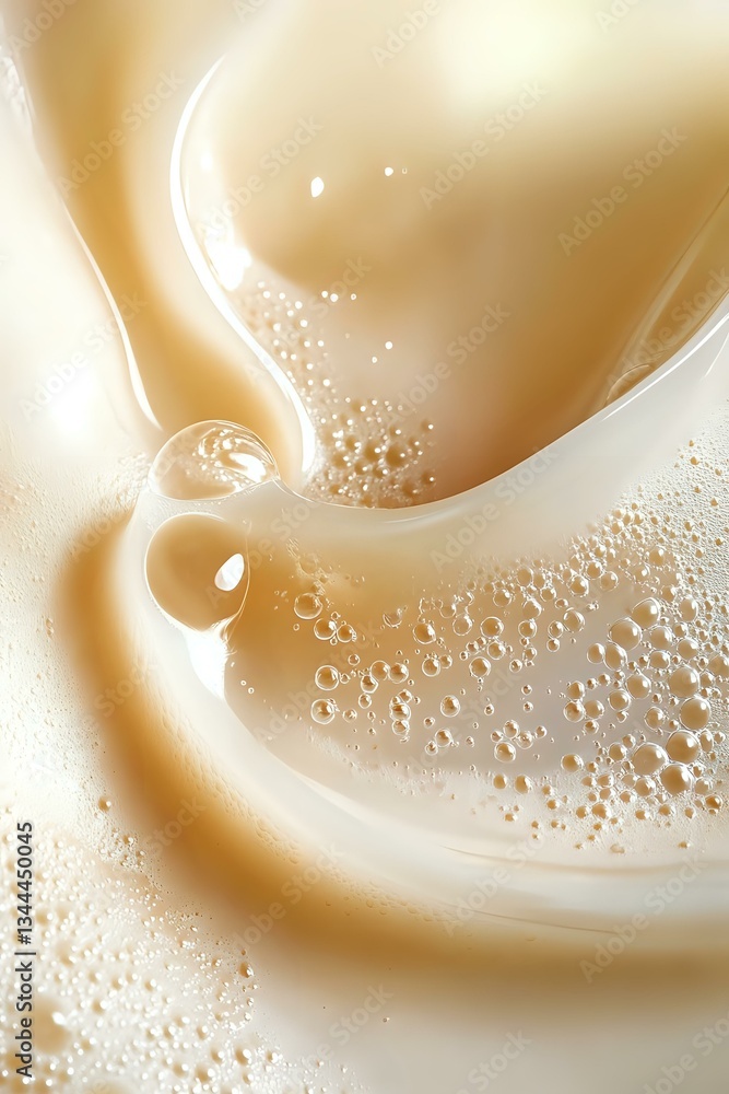 Poster Creamy swirls and bubbles in soft beige and white tones create dynamic flowing abstract background with milky texture and gentle movement patterns.