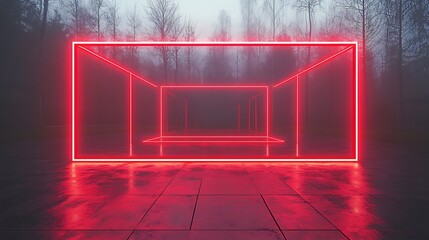 Red neon frame in foggy forest.