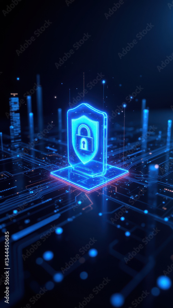Poster cybersecurity icon with a lock symbol and blue shield, representing data protection and access contr