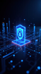 Cybersecurity icon with a lock symbol and blue shield, representing data protection and access control within Kubernetes or devops environments.