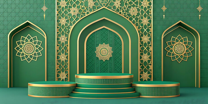 modern green luxury islamic background with lantern and pedestal podium scene design decoration