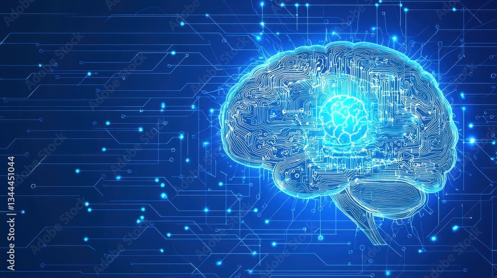 Poster ai-enhanced business intelligence depicted by a brain on a circuit signifying advanced analytical te