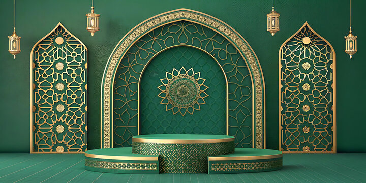 modern green luxury islamic background with lantern and pedestal podium scene design decoration