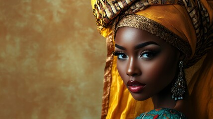Elegant Portrait of a Beautiful African Woman in Traditional Headwrap and Stunning Jewelry