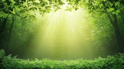 Fototapeta premium Serene Sunlit Forest Clearing with Lush Green Foliage and Beams