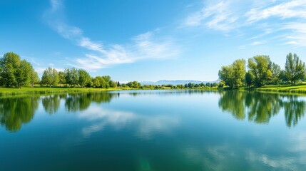 Obraz premium Serene Lake Landscape with Clear Blue Sky and Lush Greenery