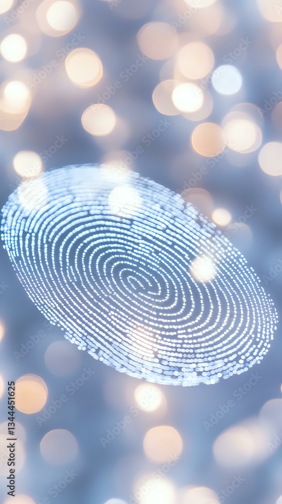 Poster digital fingerprint scan on soft blue bokeh background with glowing light effects, representing secu
