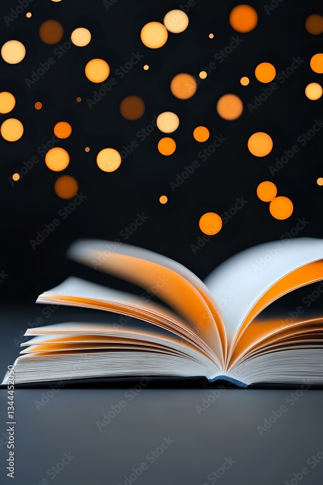 Aufkleber open book with pages fanned out against dark background with magical glowing orange bokeh lights flo