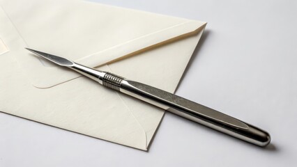 Metallic Pen and Envelope on White Background