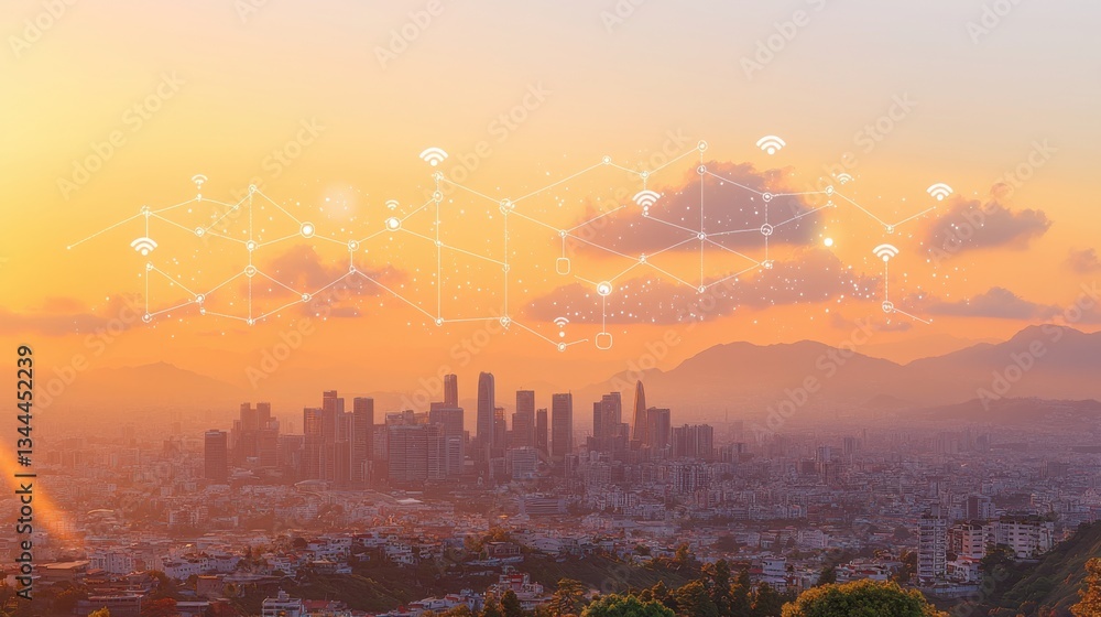 Poster city overlaid with network graphics representing ai-enhanced mobile signal boosting for enhanced urb