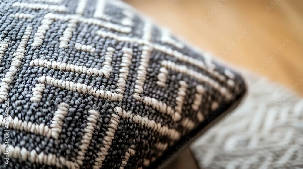 Poster close-up macro shot of black and white geometric pattern textile fabric with intricate weaving detai