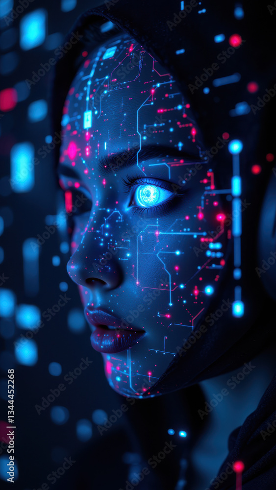 Poster a woman's face with a cybernetic overlay of blue and red digital patterns, symbolizing advanced cybe