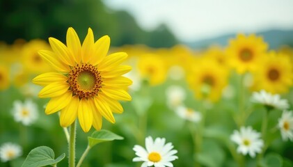 One bright yellow sunflower in a field of white flowers, element, eye-catching