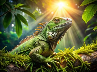 Obraz premium Tropical Iguana Portrait: Reptile on Branch in Lush Green Setting