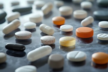 Macro shot of various pills on a surface.
