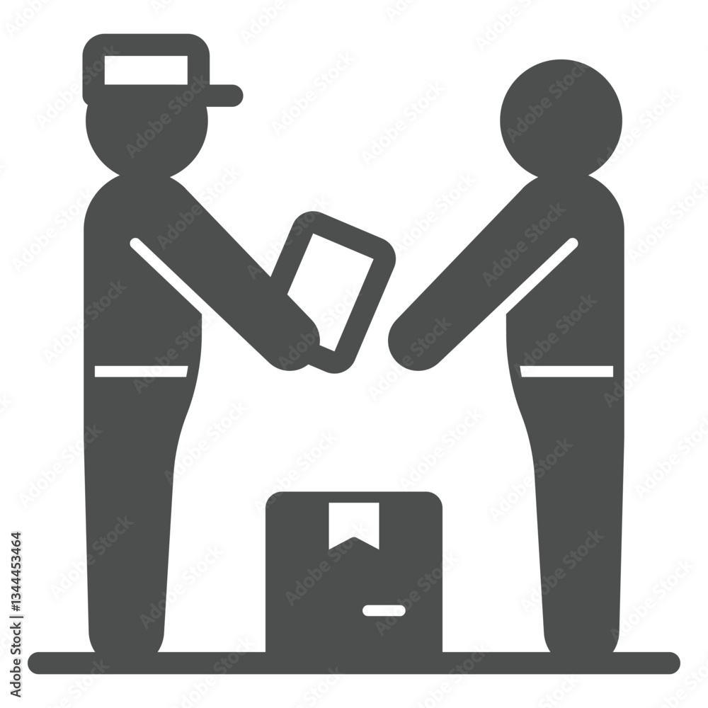 Poster postman with recipient box solid icon, postage delivery concept. vector graphics. courier man with c
