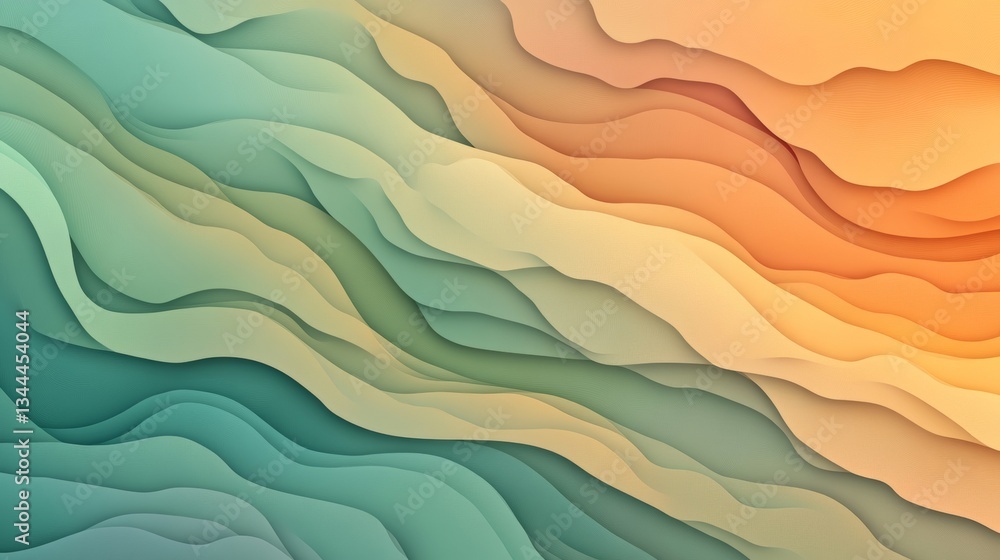 Poster pastel green and orange hues are utilized to create undulating 3d lines that form a vibrant multicol