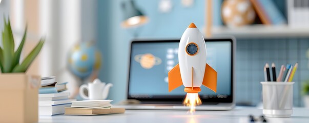 A model rocket on a desk in a modern minimalist office setup symbolizing the launch of a new innovative technology startup project