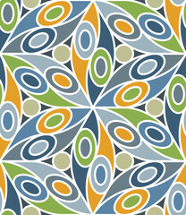 Retro-style design with multicolored geometric floral shapes outlined with a white stroke. Seamless repeating pattern. Decorative illustration for textiles, wrapping paper, covers, and printing.