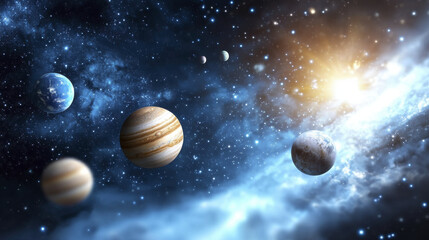 stunning cosmic scene featuring planets, stars, and bright sun illuminating vast universe