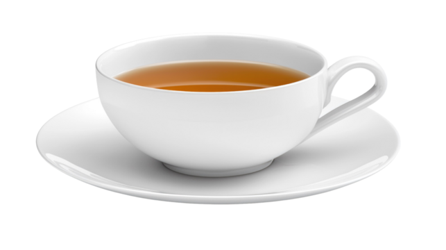 Classic White Tea Cup with Saucer Filled with Warm Brewed Tea on a Bright Background