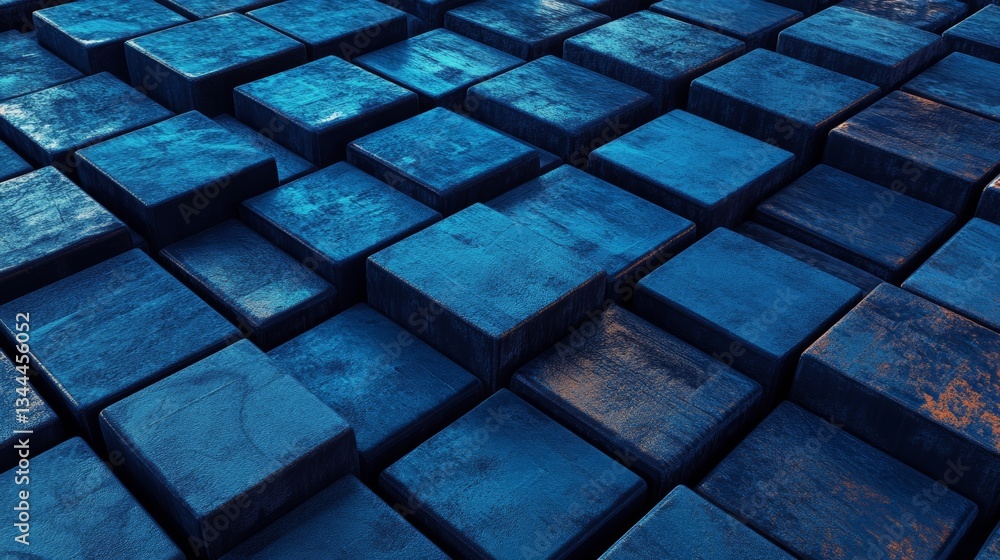 Poster a 3d rendered modern tech wallpaper displaying a blue, precisely aligned multisized cube wall