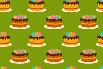 A seamless pattern featuring chocolate-glazed Easter cakes with colorful eggs on a green background. Ideal for wrapping paper, seasonal fabrics, and Easter-themed projects.