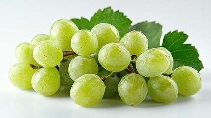 Fresh green grapes with droplets of water, set against a clean white background