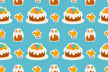 A seamless pattern featuring festive Easter cakes, cupcakes, and adorable yellow chicks on a bright blue background. Perfect for holiday wrapping paper, textiles, and seasonal designs.