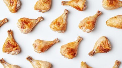 Rotisserie-style chicken parts artistically floating on a minimalist white background.